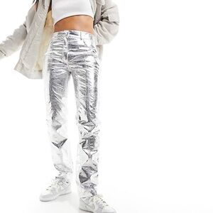 River Island Metallic Snakeskin Embossed Faux Leather Pants - silver - size 12
